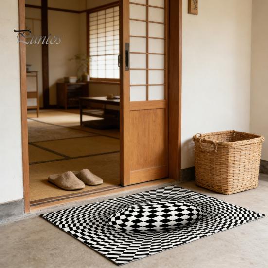 Decorative Floor Mat 3D Vortex Optical Illusion Rug Vision Vertigo Area Realistic Black And White Doormat Non-Slip for Living Room Bedroom Entrance