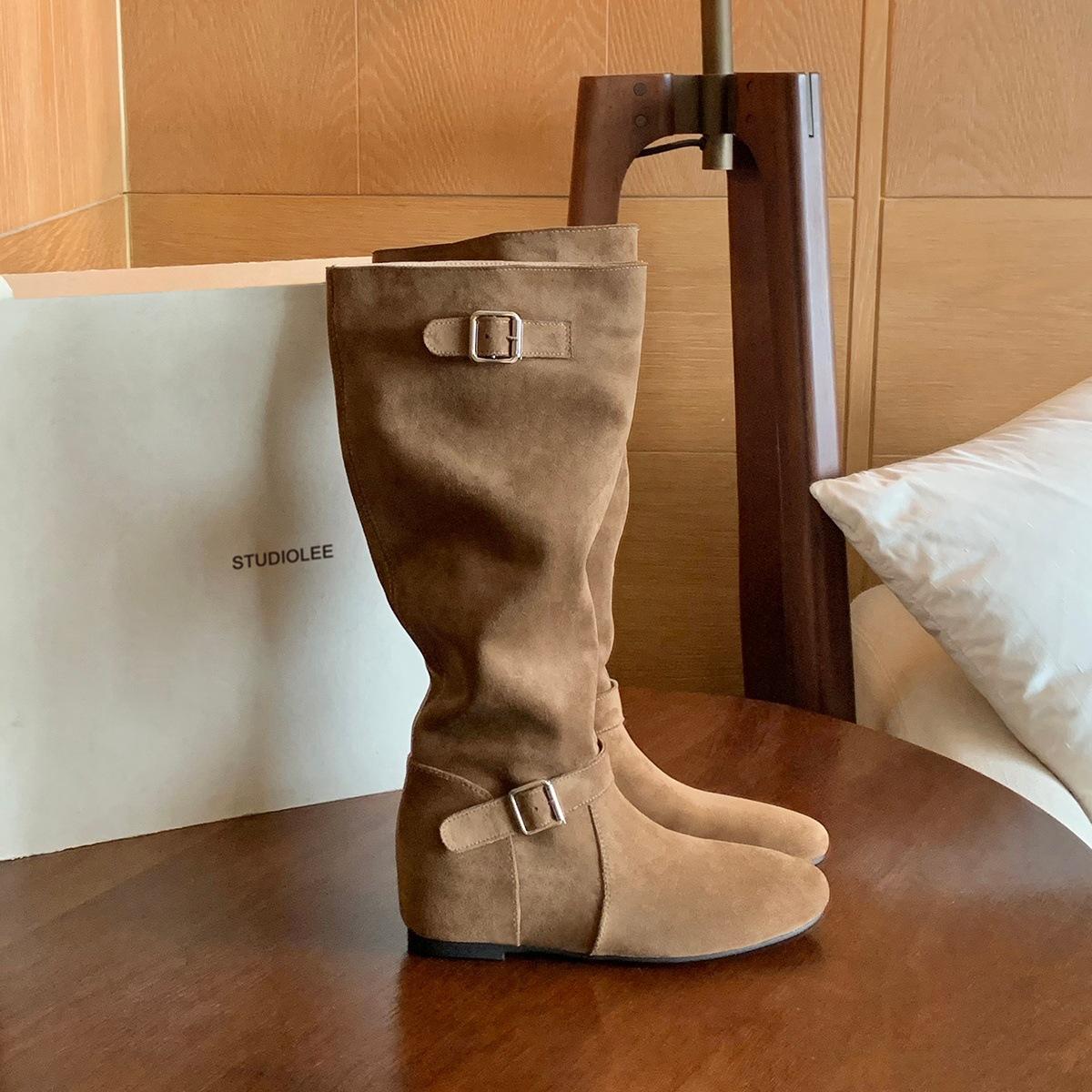 

[Fanfna] Pile of medium boots for women s 2025 autumn new retro Maillard color niche fashion boots 40 хаки