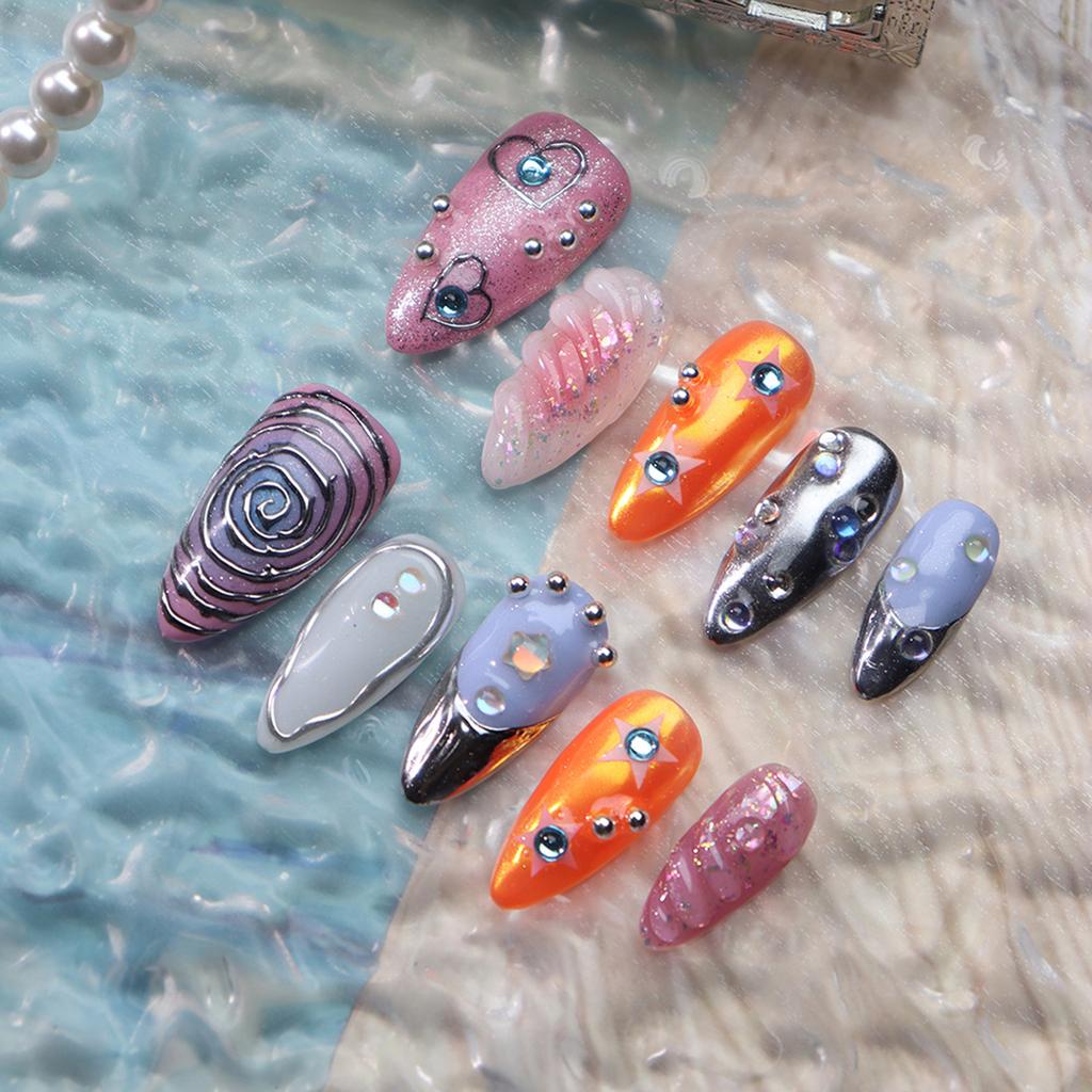 10Pcs Handmade Almond Press On Nails 3D Colorful Summer Sea Starfish Design Fake Nail Tips For Women