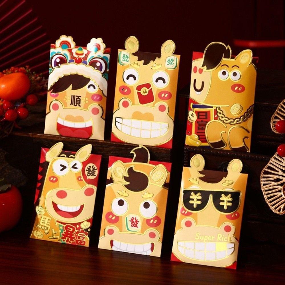 6pcs Red Color Spring Festival Hongbao Cartoon Lucky Money Envelopes Cartoon Red Packets Lunar Year