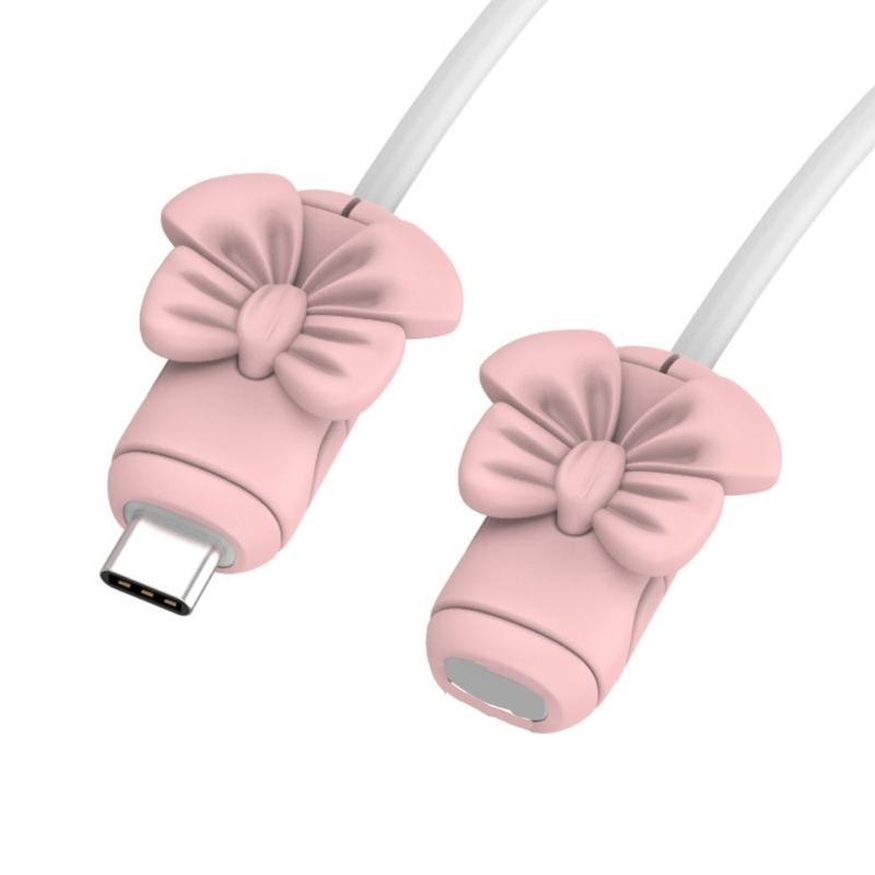 

2 Pairs Silicone Charging Cable Protectors with Bowknot Design Fashionable Phone Accessories Wire End Guards for Cord