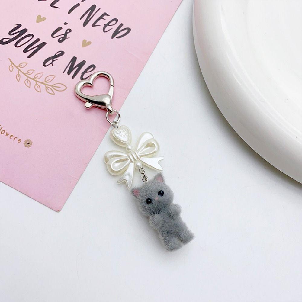 Fashion Cat Pendant Keychain Flocking Animals Pendant Key Chain Heart Bow Shaped Key Ring  Women