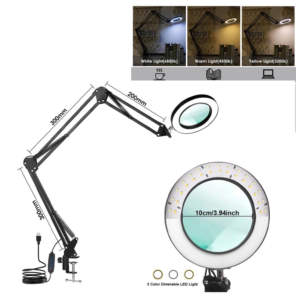 3 Colors LED Magnifying Glass 72LED 8X/10X NEW Illuminated Magnifier USB for Soldering Iron Repair/Table Lamp/Skincare Beauty