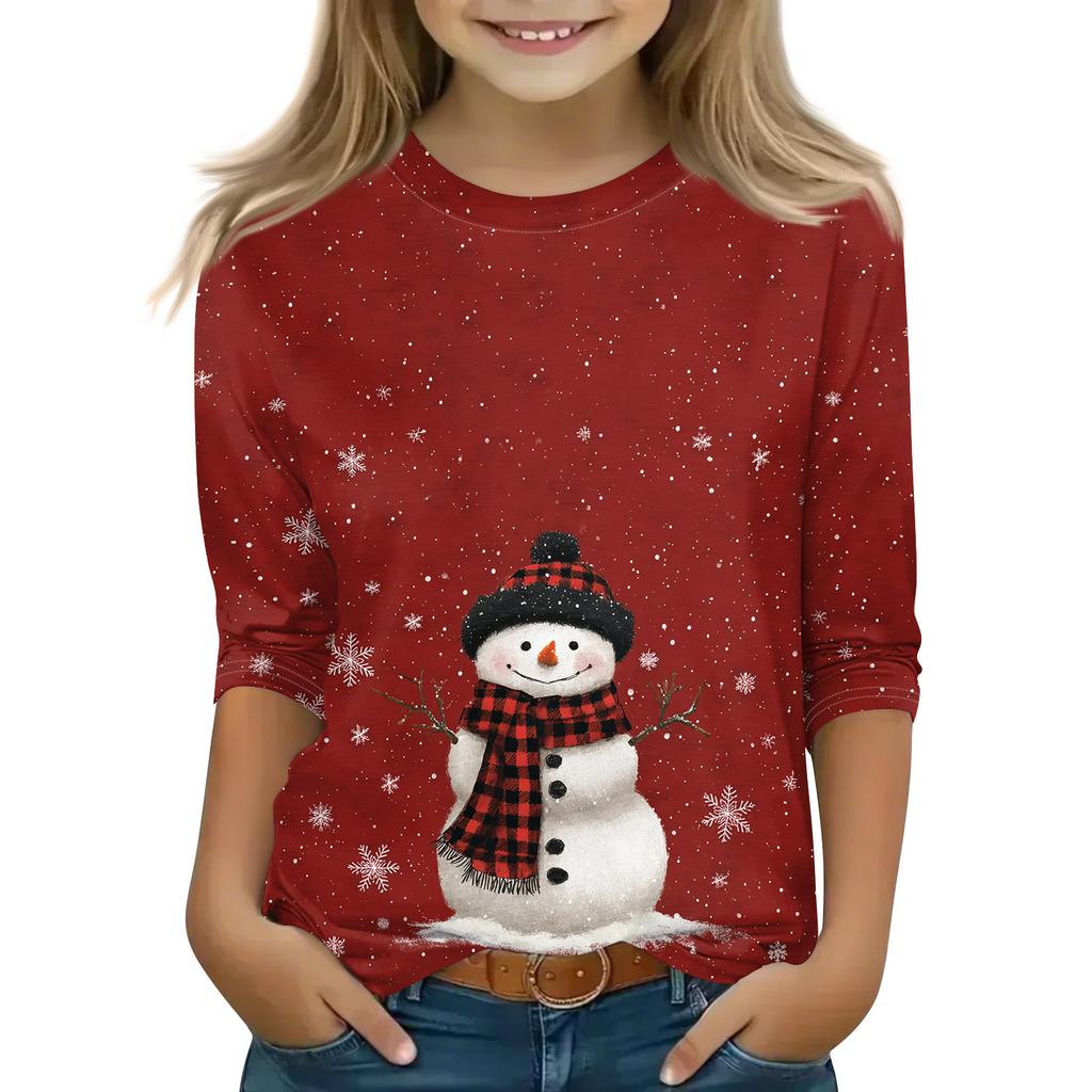 Christmas Day Print Tops For Youth Girls 4-11 Years Round Neck 3/4 Sleeves T-Shirts Trendy Tops Outfit Tees