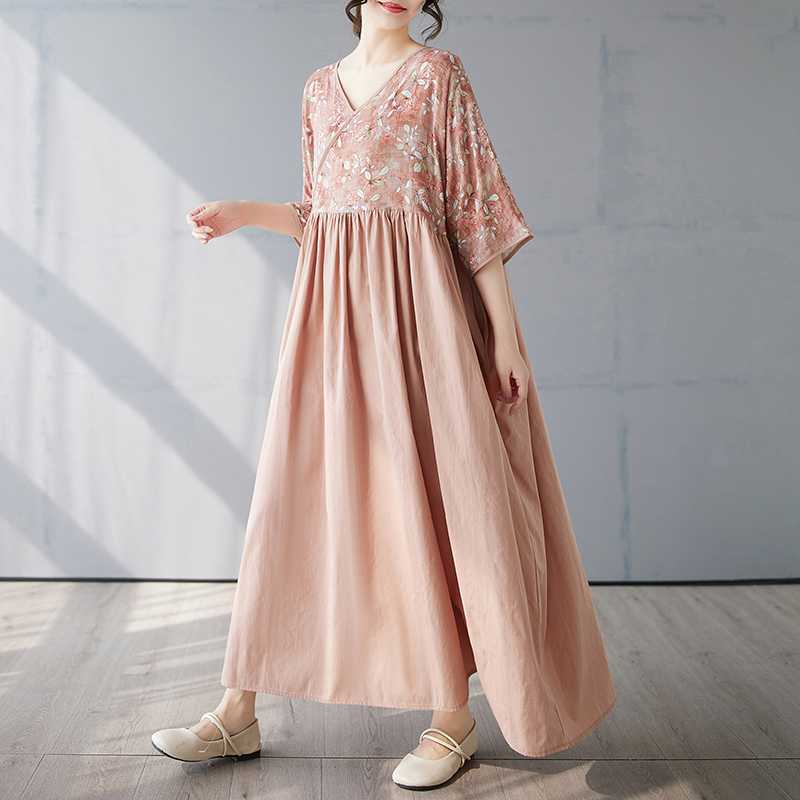 

Летнее платье из хлопка и льна в стиле пэчворк, ретро-стиль, длинная юбка One size