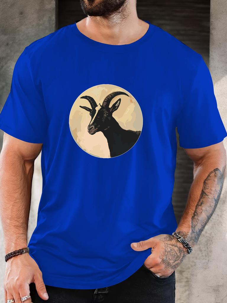Vintage Circle Black Goat Head Portrait Graphic Print Unisexs Crew Neck Short Sleeve Tee Soft Street Daily Basic Casual Outfit Wear