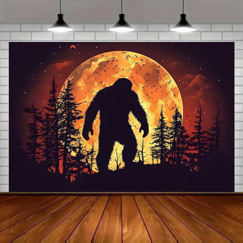 2D Bigfoot Silhouette Tapestry, Orange Full Moon Night Forest Wall Hanging, Cryptid Backdrop 47.2x31.5inch/120*80cm