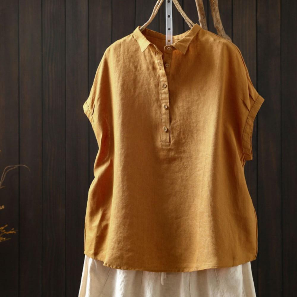 Johnature Women Vintage Shirts Summer Chinese Style Solid Color Sleeveless Turn-down Collar Button Casual Shirts