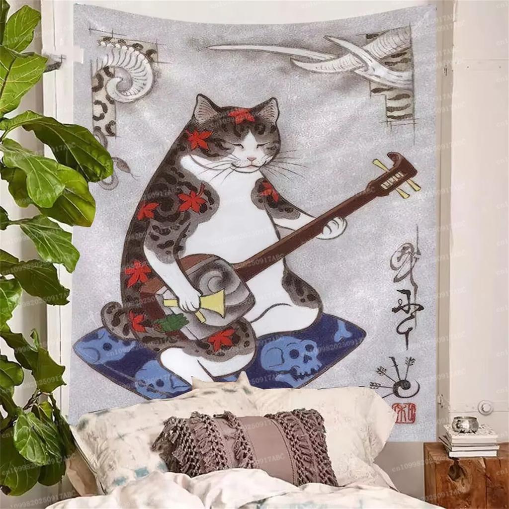 Room Decorations Japanese Samurai Tattoo Cat Anime Tapestry Wall Hanging Wall Art Cartoon Kawaii Bedroom Print Picture Living