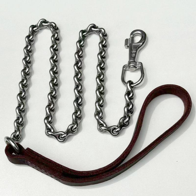 Sturdy Ribbed Chain Cowhide Handle Stainless Steel Anti-Bite Leash for Medium to Large Dogs