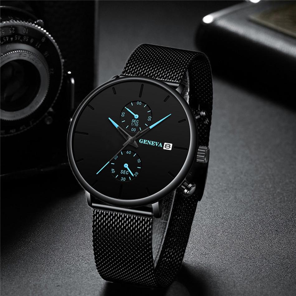 

Geneva Luxury Brand Watch Men Black Watches Stainless Steel Mesh Band Auto Date Quartz Wristwatches Men Clock Relogio Masculino синий
