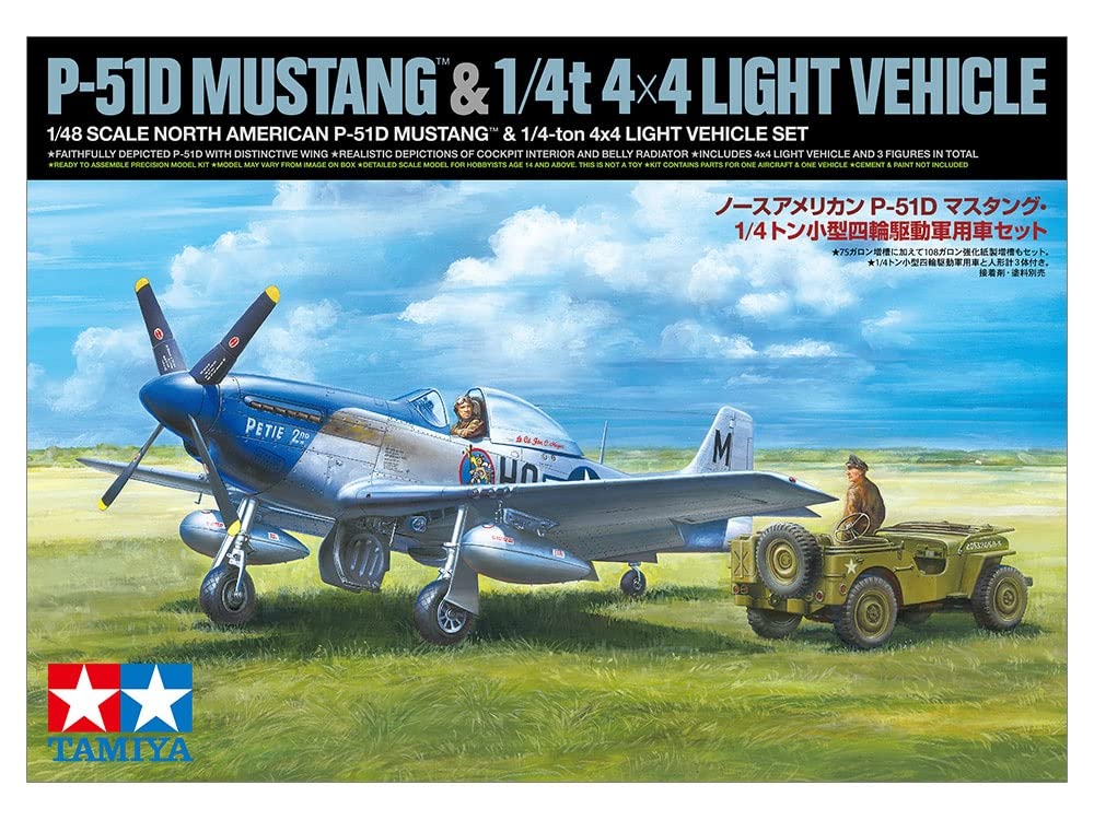Tamiya Scale Limited Edition Army North American Mustang Light Drive Military Vehicle Plastic Model Kit 1/48 U.S. P-51D & 1/4-Ton Four-Wheel Set,