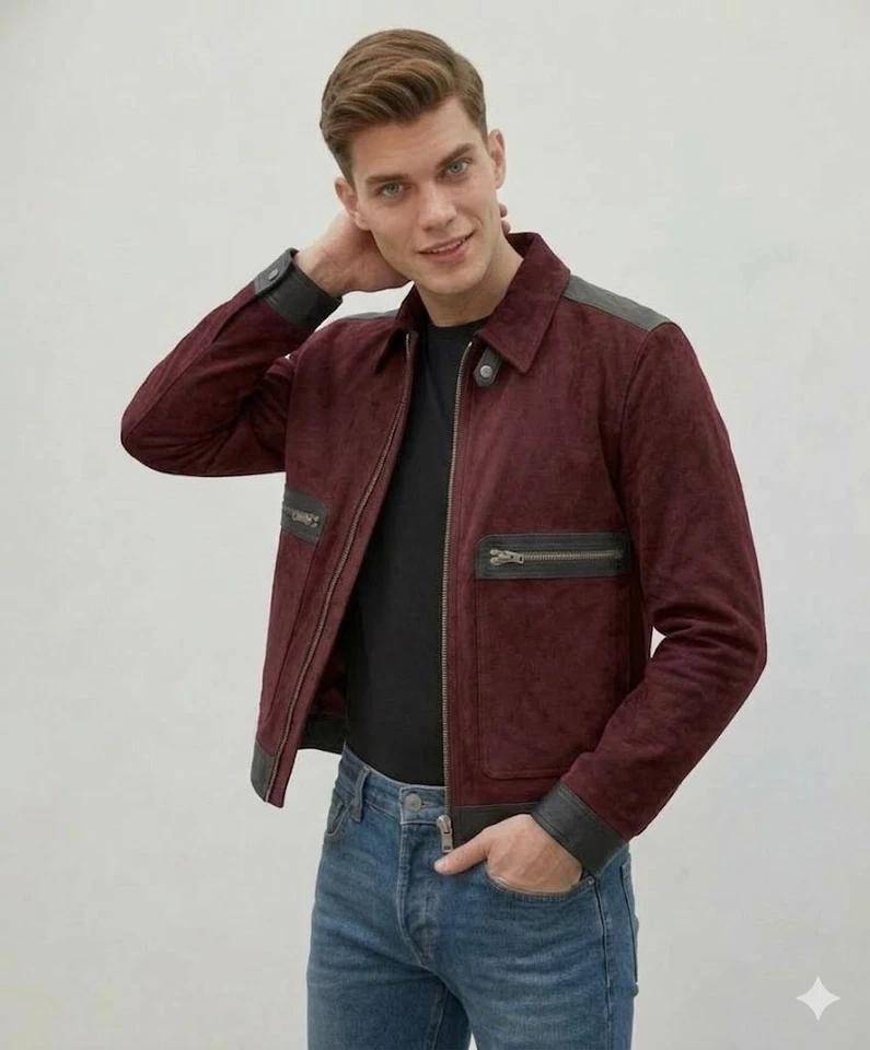 Stylish Men's Biker Handmade Suede Lambskin Leather Motorcycle Jacket Burgundy