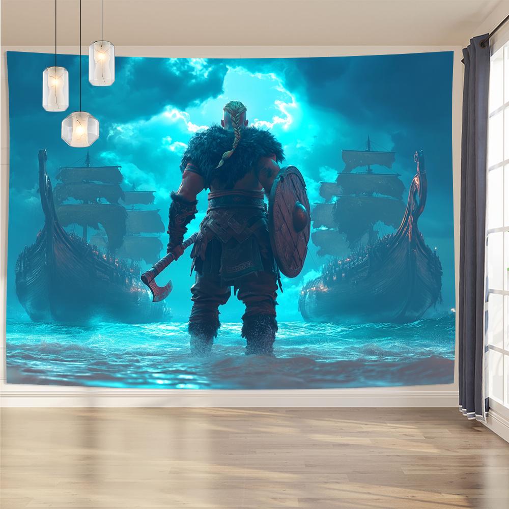 Ornate Style Viking Warrior Wall Tapestry-Polyester Decorative Tapestry for Living Room Bedroom Office Party Decor