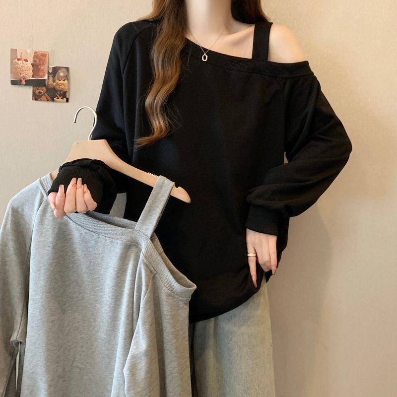 Women's Retro Black One-Shoulder Hoodie - Stylish Loose Fit for Spring & Autumn