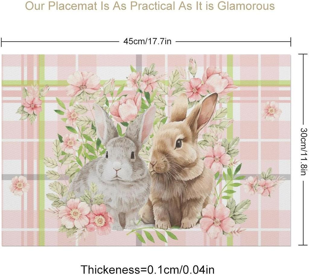 4/6pcs Bunny Floral Plaid Print Single-Sided Easter Placemat Set for Spring Table Decor