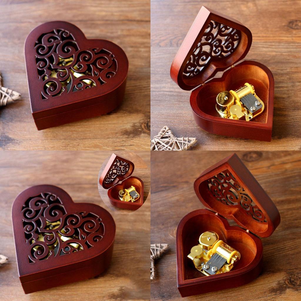 Urocza prostokątna rzeźbiona drewniana pozytywka nakręcana z melodyjnymi melodiami