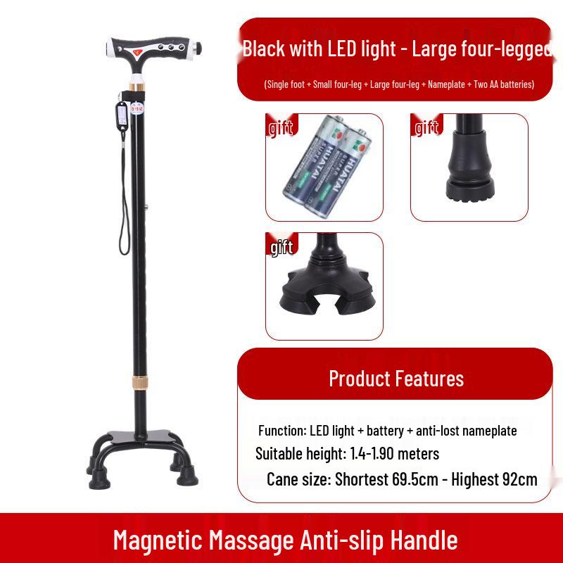 Yunxiang Verstellbare Vierfuß-Gehhilfe für Senioren - Rutschfest, Teleskop-Gehstock mit Licht, Aluminiumlegierung