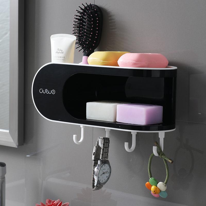 MENGNI Drainer Soap Dish for Bathroom Multifunction Soap Holder with Hooks Organizer Punch-free Storage Box Bathroom Accessories