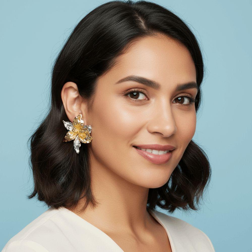 1 pair Zinc Zinc Alloy Golden and Silver Earrings Luxury Metal Flower Ear Studs Enamel Iris Earrings  Holiday