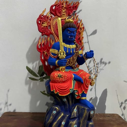 Acala, Half-Lotus Seated Buddha Statue, Wood Carving, Zodiac Amulet, Year of the Rooster, Hinoki Wood, Painted, Wooden, Flame Halo (17cm)