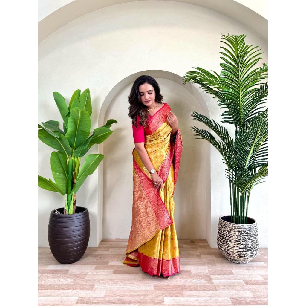 Pure Tissue Silk Saree with Zari Weaving and Meena Work with Running Blouse and Elegant Jaal On the Body.  Blouse : Contrast As Per Video