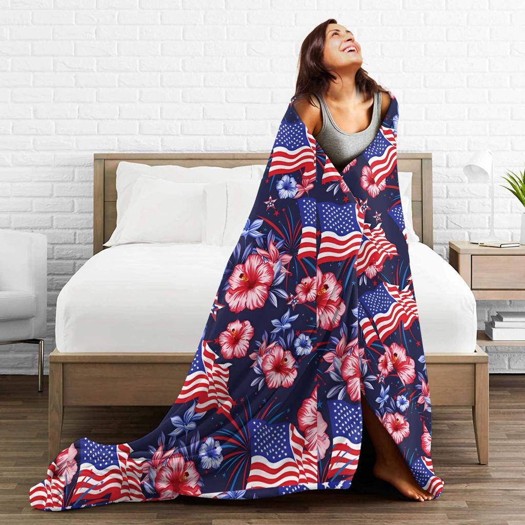 4th of July USA Super Warm Blanket Camping Plush Throw Blanket Graphic Bedroom Flannel Bedspread Sofa Bed Cover