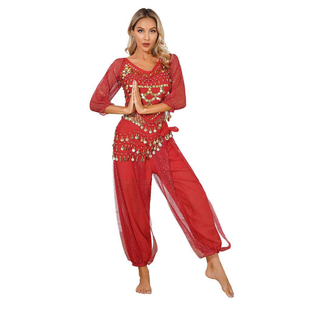 Women's Stage Performance Costume: Complete Belly Dance Set (Crop Top, Bloomers, Hip Scarf) with Bells, Halloween & Carnival