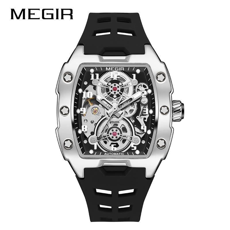 

MEGIR Blue Mechanical Watch for Men Tonneau Hollow Dial Sport Waterproof Automatic Wristwatch with Luminous Hands чорний