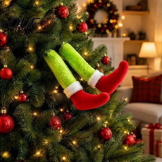 Fluffy Elf Leg Car Decoration 2Pcs Christmas Green Decoration, Plush Long Hair Hanging Red Ornaments Ornament for Home Fireplace Tree Decor,