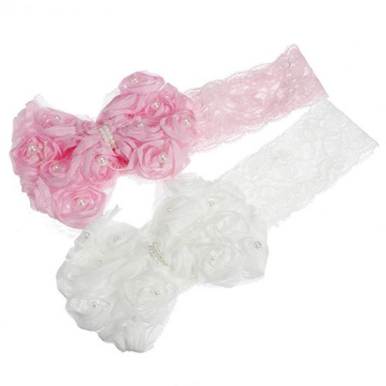 Babyflicka Barn Småbarn Faux Pärla Pannband Rosett Spets Hårband Blomma Huvudbonad