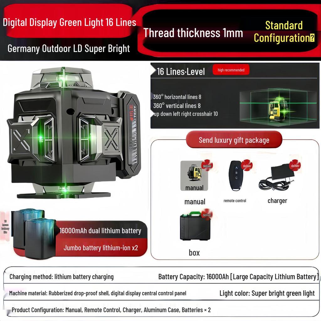 12-Line High-Precision Green Laser Level, Wall/Floor-Mounted, Automatic Leveling for Indoor/Outdoor Use