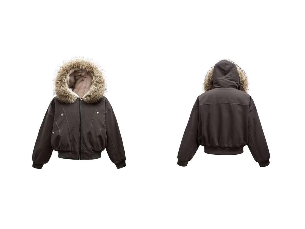 Unisex Retro Patchwork Pelzkragen Kapuzen Baumwolljacke – Winterdesign, Kurzmantel mit Fleecefutter.