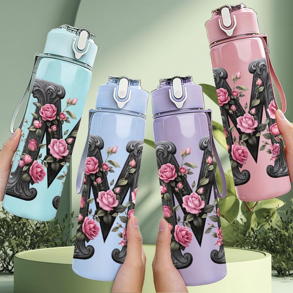 1PC Letter M Rose Flower Floral Monogram 750ml Color Plastic Sports Water Bottle Leakproof Flip Straw Lid Suitable for Sports Office Home Use