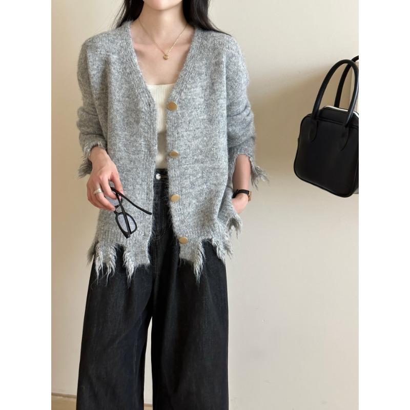 

Свитер-жакет с бахромой и необработанным краем, новый осенне-зимний, с V-образным вырезом, свободный, мягкий, восковой, вязаный кардиган для женщин one size fits all серый