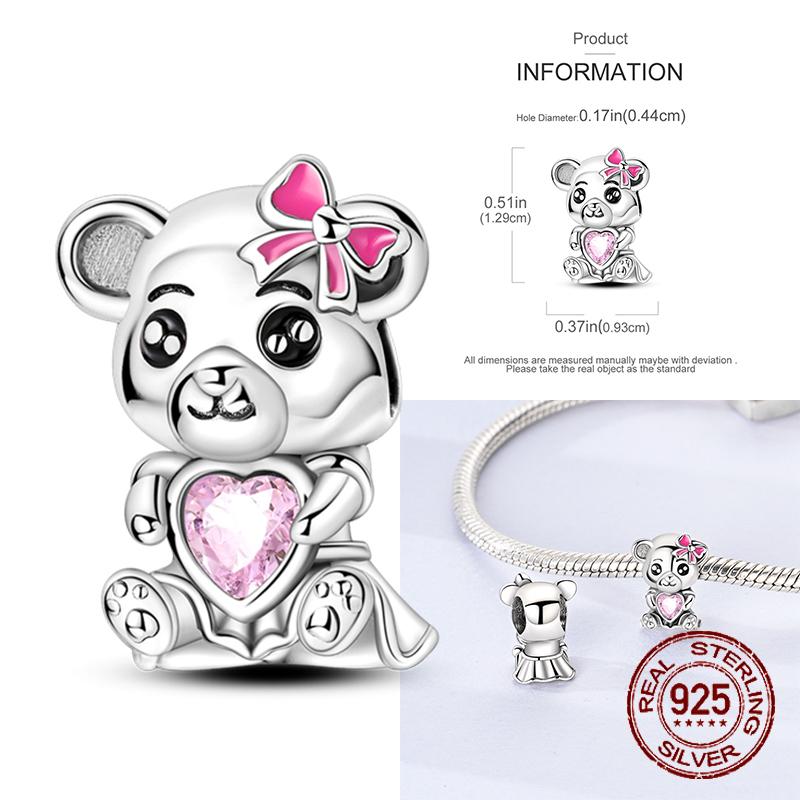 Real Copper Princess Pink Bear Bead Blue Rose Red Bears Pendant Charms Fit Bracelet Neckalce Diy Bithday Gift