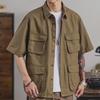 Khaki Short-Sleeve Retro Work Shirt with Multiple Pockets - Trendy Men's Summer Wear