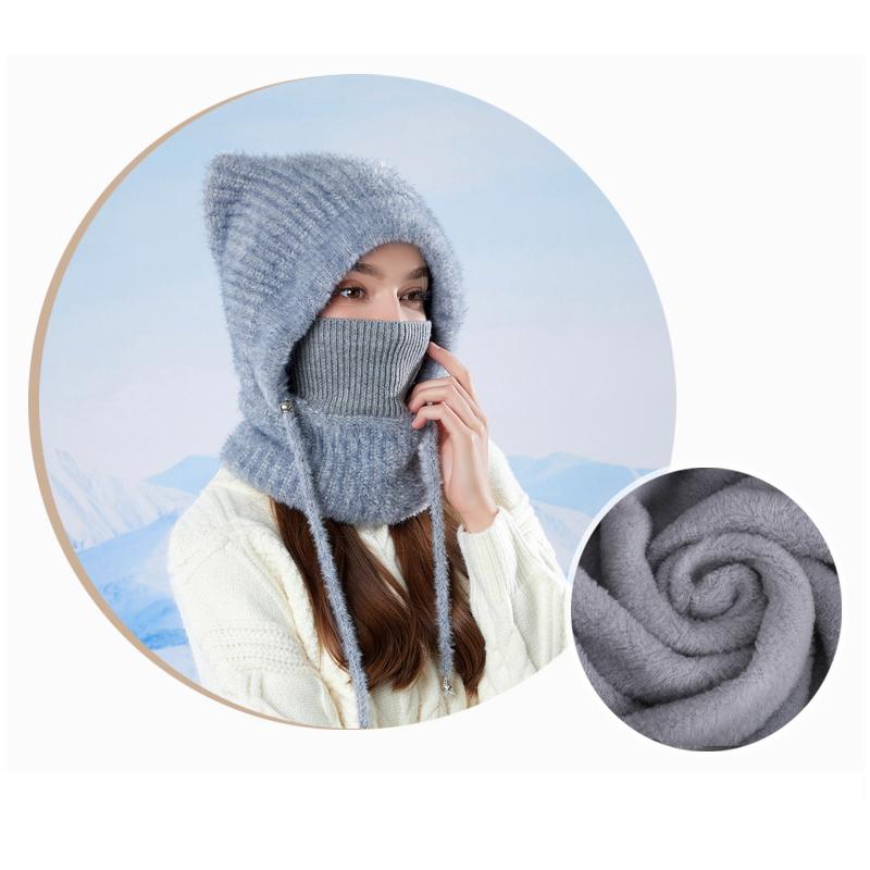 Winter  Scarf Mask Integrated Hat Women's Fleece Cold-proof Knitted Wool Hat Outdoor Warm Ear Protective Hat