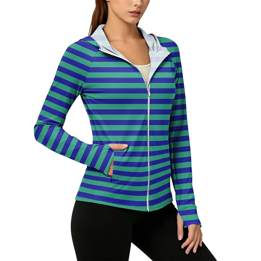 Women Zip Up Hoodie with Pockets Long Sleeve Lightweight Striped Sun Jacket Casual Hooded Top