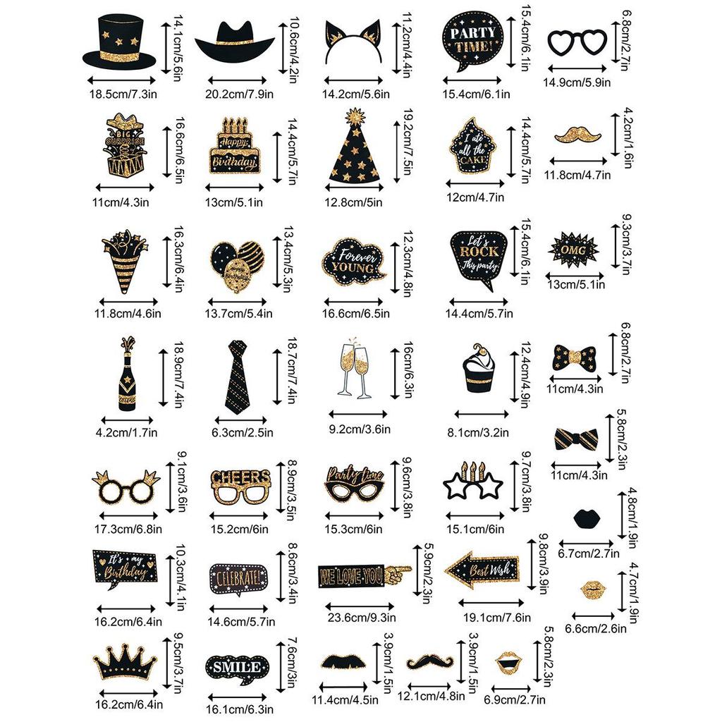 Black and Gold Birthday Party Decoration Set - 36-Piece Photo Props