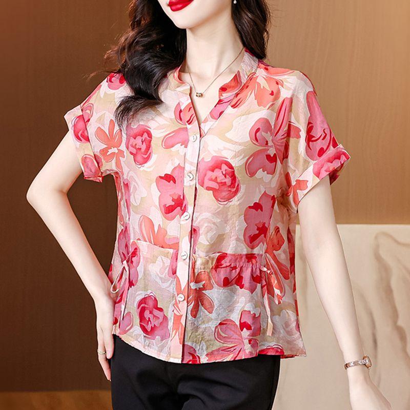 Summer Floral Blouse Women Loose Fit Slimming Beautiful Stylish Short Sleeve Shirt