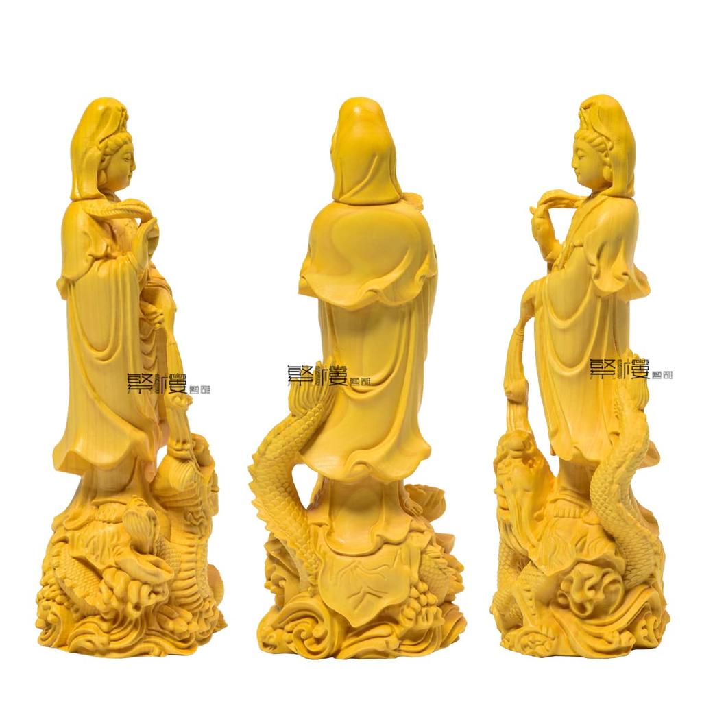 Hanlou Art Sculpture Buddhist Statue, Kannon Statue, Dragon-Riding Kannon, Dragon Kannon Ornament, Wood Carving, Buddhist Altar Statue, Prayer, Protec