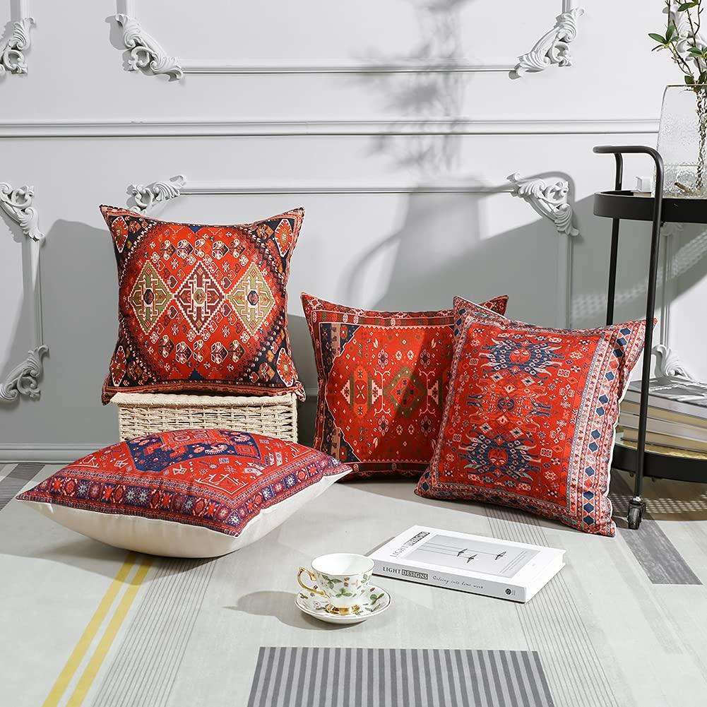 4 Pcs Double Sided Persian Kilim Cushion Covers, Red Bohemian Tribal Geometric Throw Pillow Cases (No Inserts)
