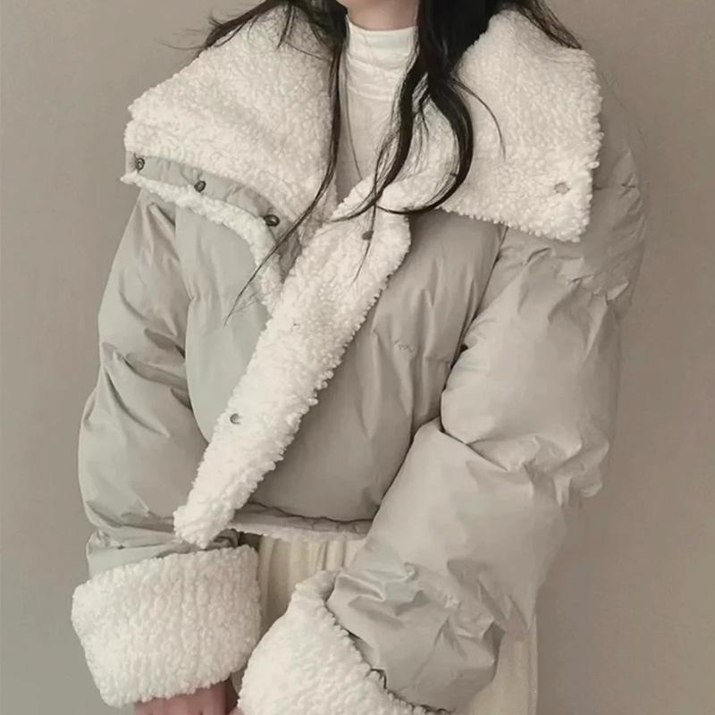 Korean Style Women's Lambswool Winter Coat 2025: Thickened Cotton-Padded Jacket for Casual Petite Warmth