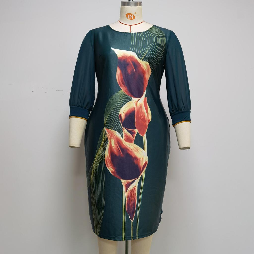 6XL African Plus Size Women's Three-Quarter Sleeve Round Neck Print Dress
