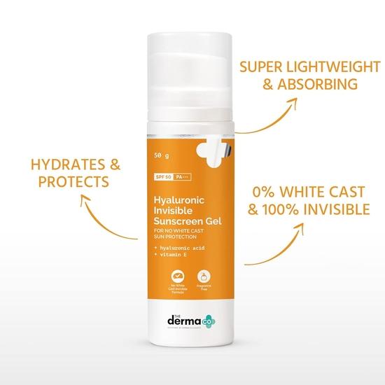 Derma Co Hyaluronic Invisible Sunscreen SPF 50 Gel do każdej skóry z kwasem hialuronowym i witaminą E, bez białego osadu Sun P, 1 sztuka
