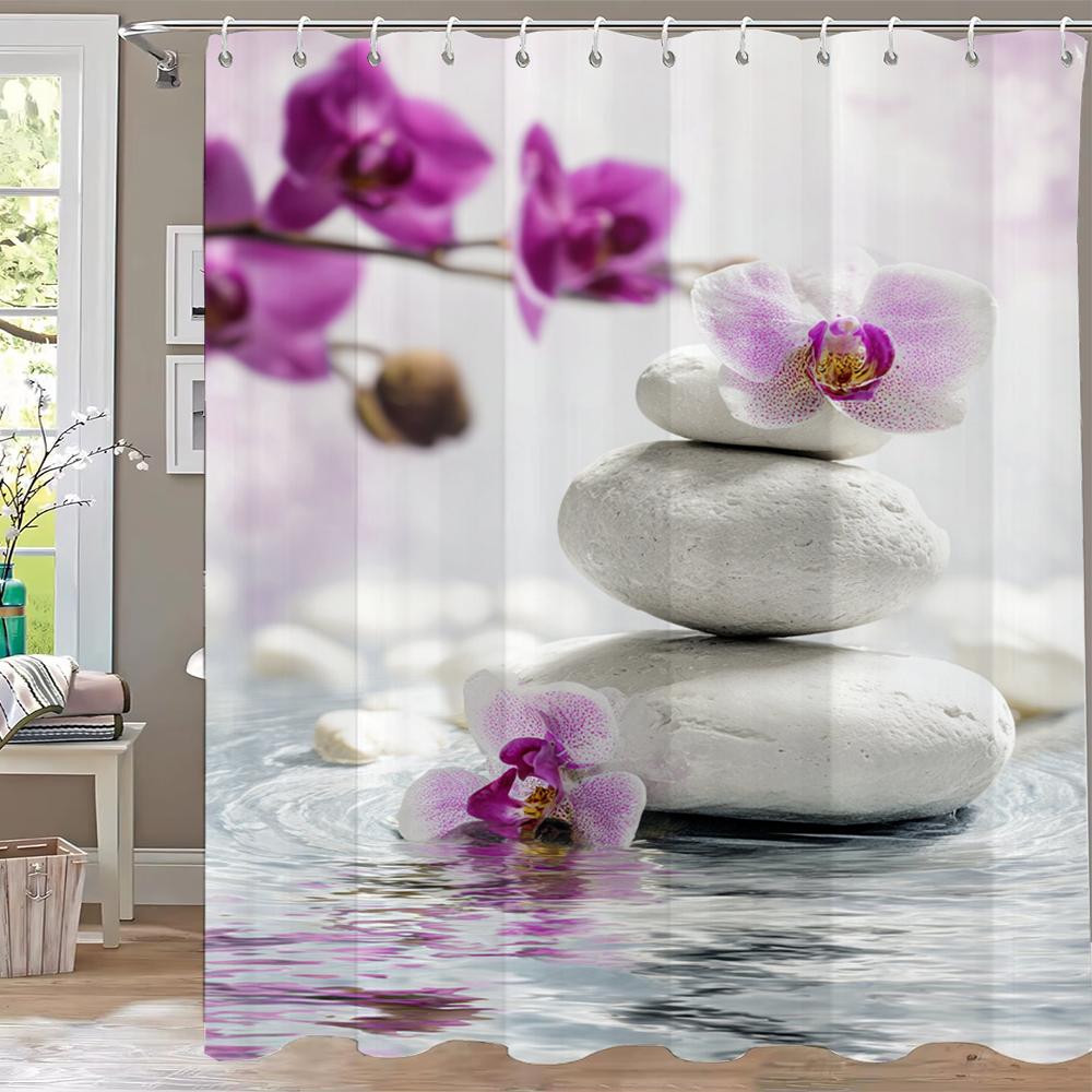 Modern Minimalist Zen Stone, Flower Style Shower Curtain,Polyester Fabric Washable Bathroom Curtains,Home Decoration With Hooks