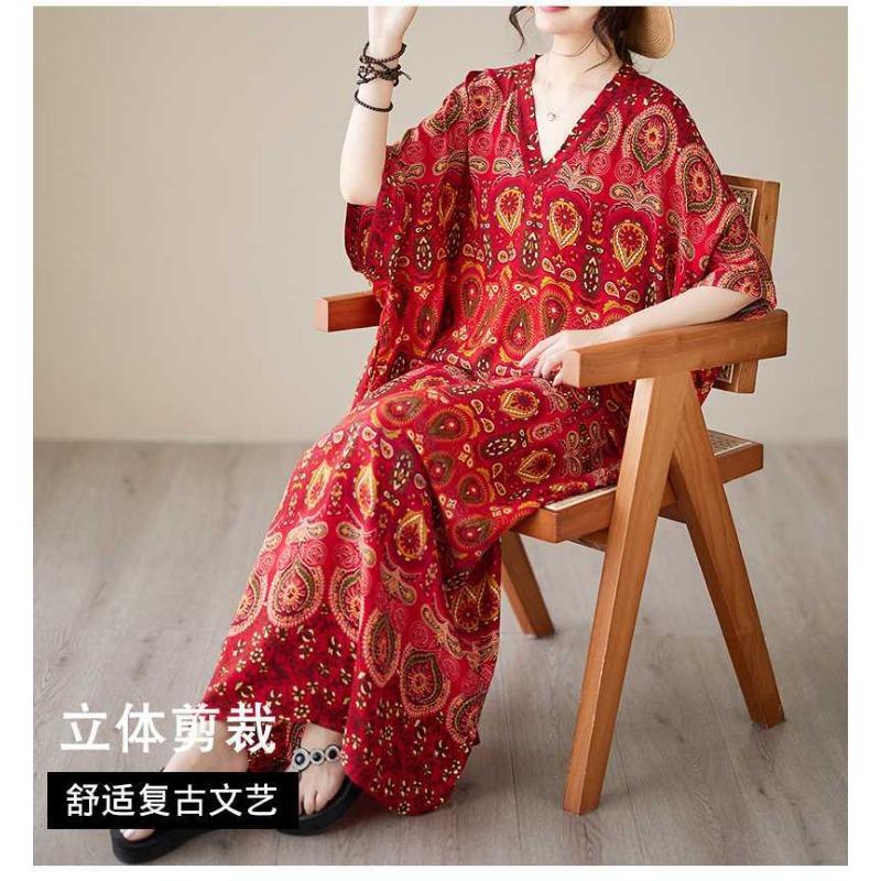 Summer V-neck Large Size Loose Literary Vacation Style Beach Dresses