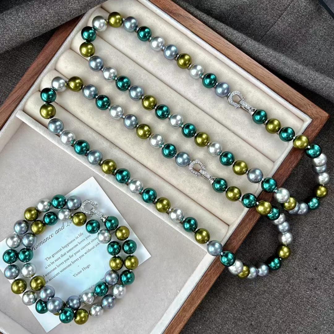 Artificial Tahitian Morandi Color Mixed Color Pearl Necklace Premium Color Peacock Green Sweater Necklace