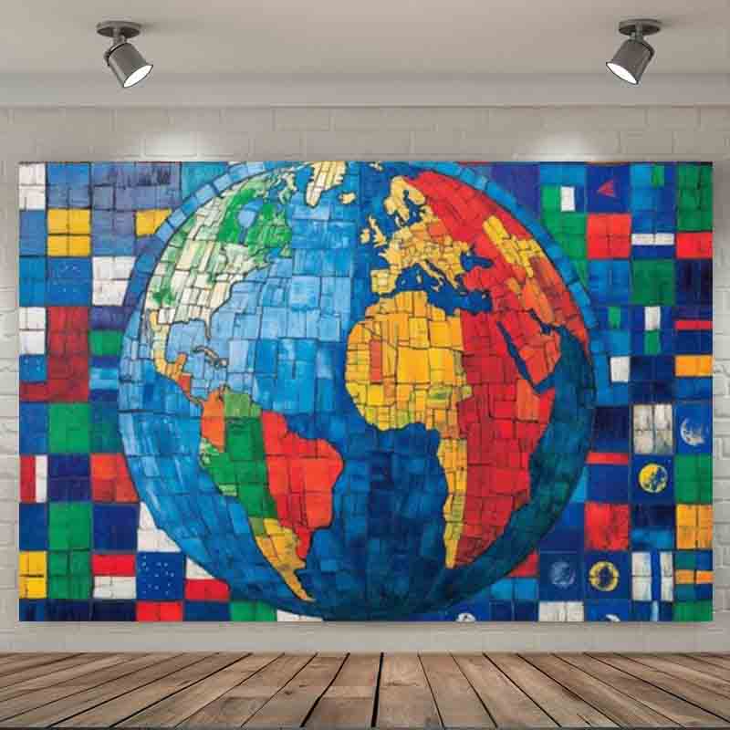 Mosaic World Globe National Flags Photography Backdrop Global Travel Classroom Educational Theme Shooting Photo Banner